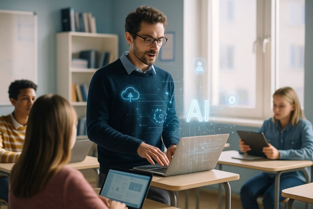 Modern classroom with teachers and students using AI tools like laptops and projectors for English language learning.