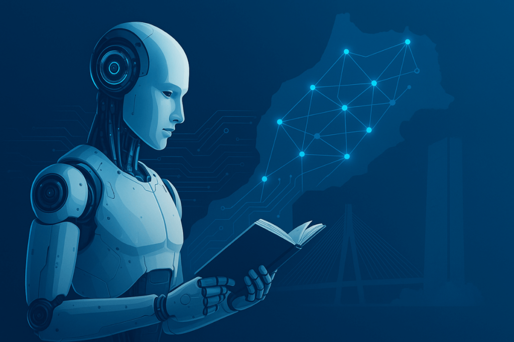 Abstract illustration of artificial intelligence in English Language Teaching in Morocco, showing a robot with a Moroccan map and digital connections.
